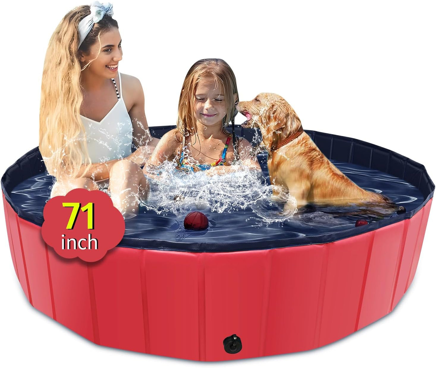 Foldable Dog Pool, 71" x 14" Large Kiddie Pool with Hard Plastic, Non-Slip Dog Bath Tub for Outdoor Backyard, Collapsible Dog Swimming Pool for Kids Dogs Pets (Red) - Pet Explorer