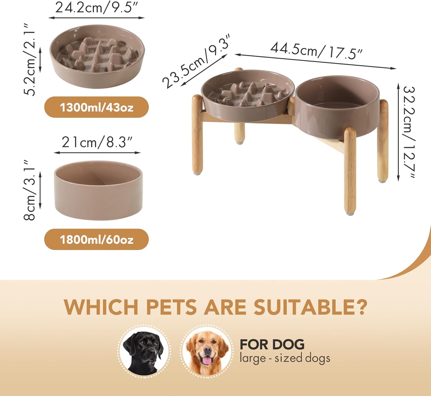 Ceramic Raised Slow Feeder Dog Bowl Set, Elevated 8.2inch Bowl and 9.5inch Slow Pet Food Dish with Wooden Stand for Large Dog (2 x Brown Coffee+ Stand) - Pet Explorer