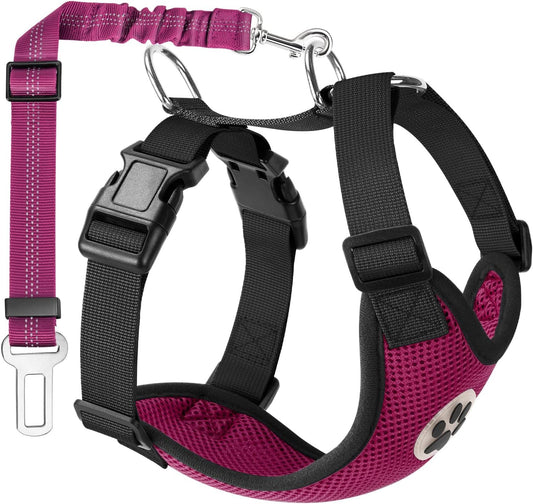Lukovee Dog Seat Belt for Car, Adjustable Dog Car Harness for Large Medium Small Dogs, Soft Padded & Breathable Mesh Dog Seatbelt with Car Vehicle Connector Strap (Rose Red,Large) - Pet Explorer