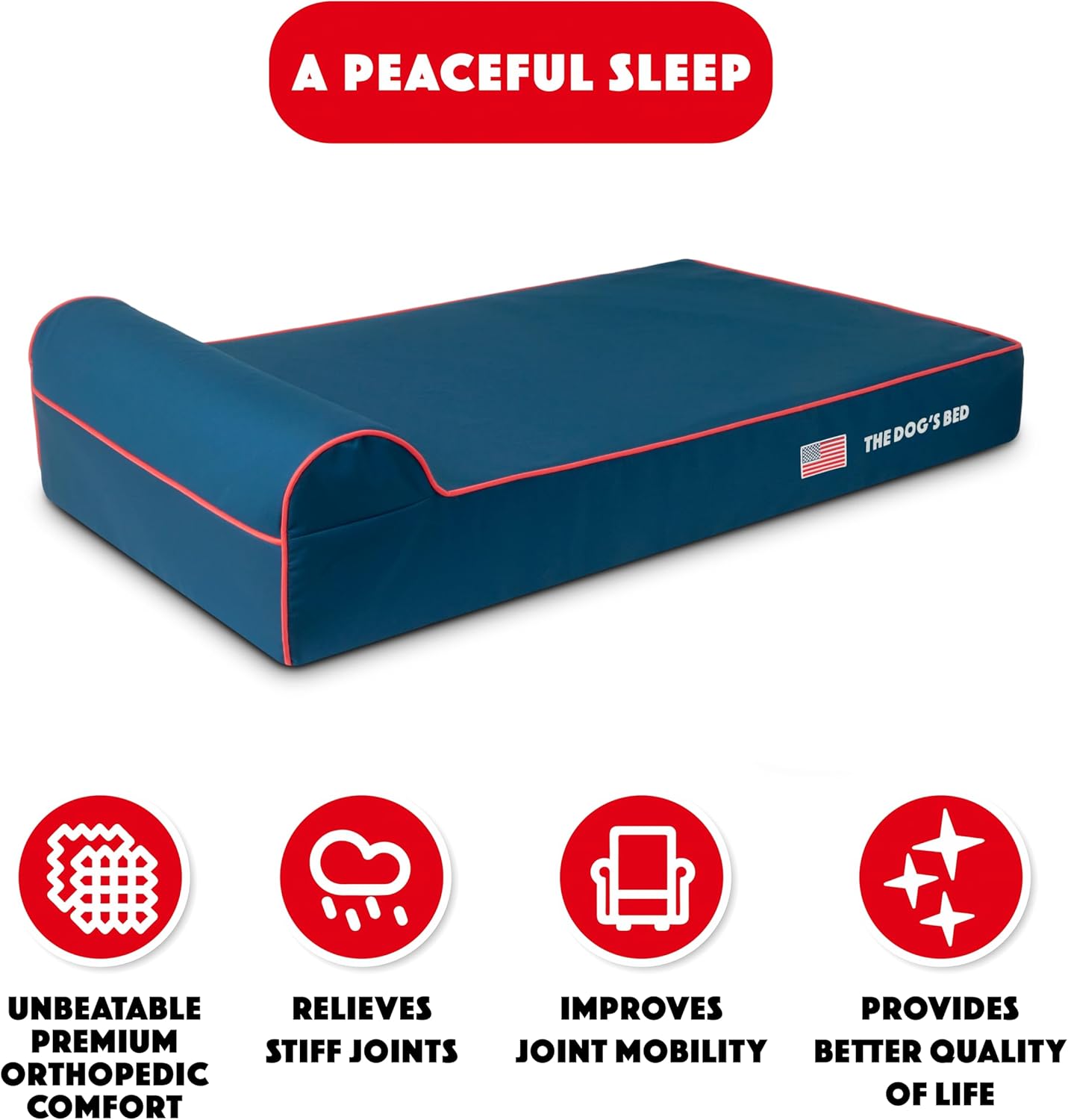 The Dog’s Bed Orthopedic Headrest Dog Bed XL Blue Oxford with Red Trim US Flag 46x28, Memory Foam, Hip & Elbow Dysplasia, Post Surgery, Lameness, Veterinary Approved, Waterproof Washable Cover - Pet Explorer