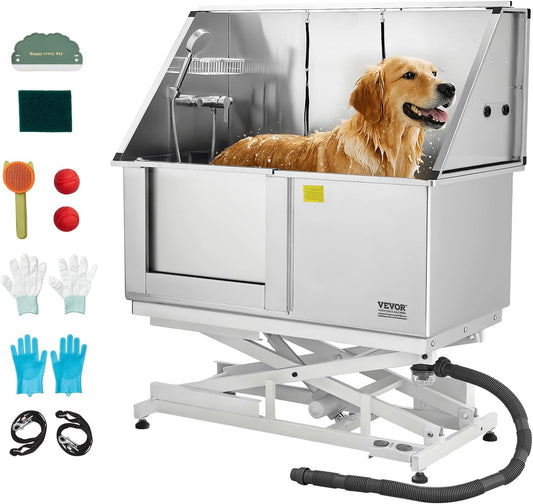 VEVOR Electric Lift Dog Washing Station, 50 inch Professional Stainless Steel Pet Grooming Tub w/PE Water Filter Board, Faucet & Showerhead Dog Bathtub Washing Sink for Multiple Pets (Left Door) - Pet Explorer
