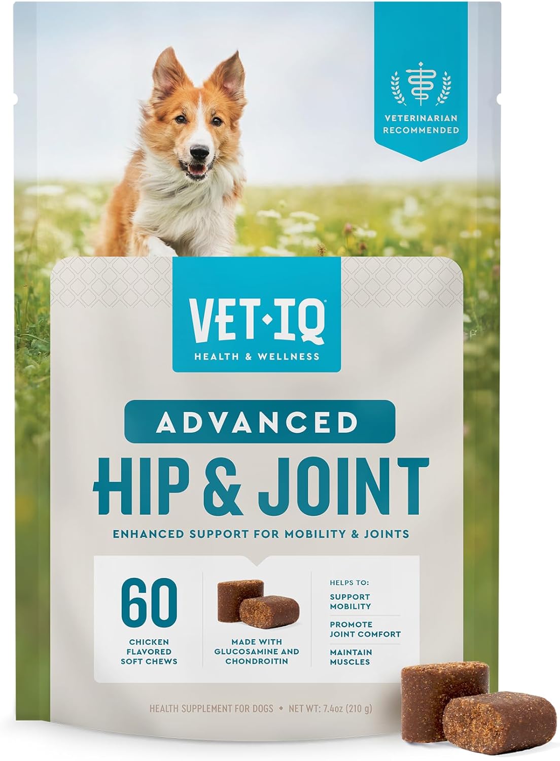 VetIQ Advanced Hip & Joint Chews For Dogs, 60 Count, Chicken Flavored Supplements Made with Glucosamine, Omega 3’s, Chondroitin, MSM & Green Lipped Mussel, Increases Mobility & Maintains Muscles - Pet Explorer