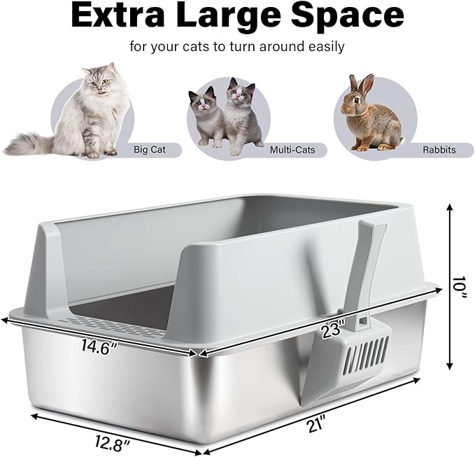 XL Stainless Steel Litter Box 2 Pack, Extra Large High Sided Metal Cat Litter Box with Lid, Scooper & Mat, Easy Clean, Non Stick & No Smell