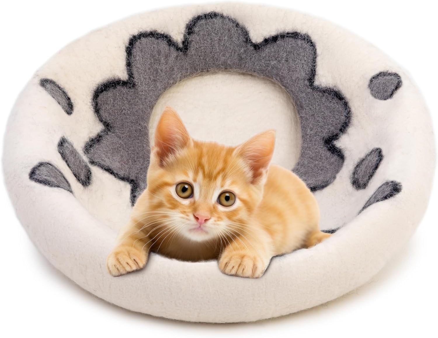 Woolygon Premium Felt Cat Cave Bed – Wool Kitty Beds Handcrafted Kitten Caves Bed for Indoor Cats - Made from 100% Eco-Friendly Merino Wool, Foldable Cat Hidewawy Covered Cat House Pod (Flower Collar) - Pet Explorer