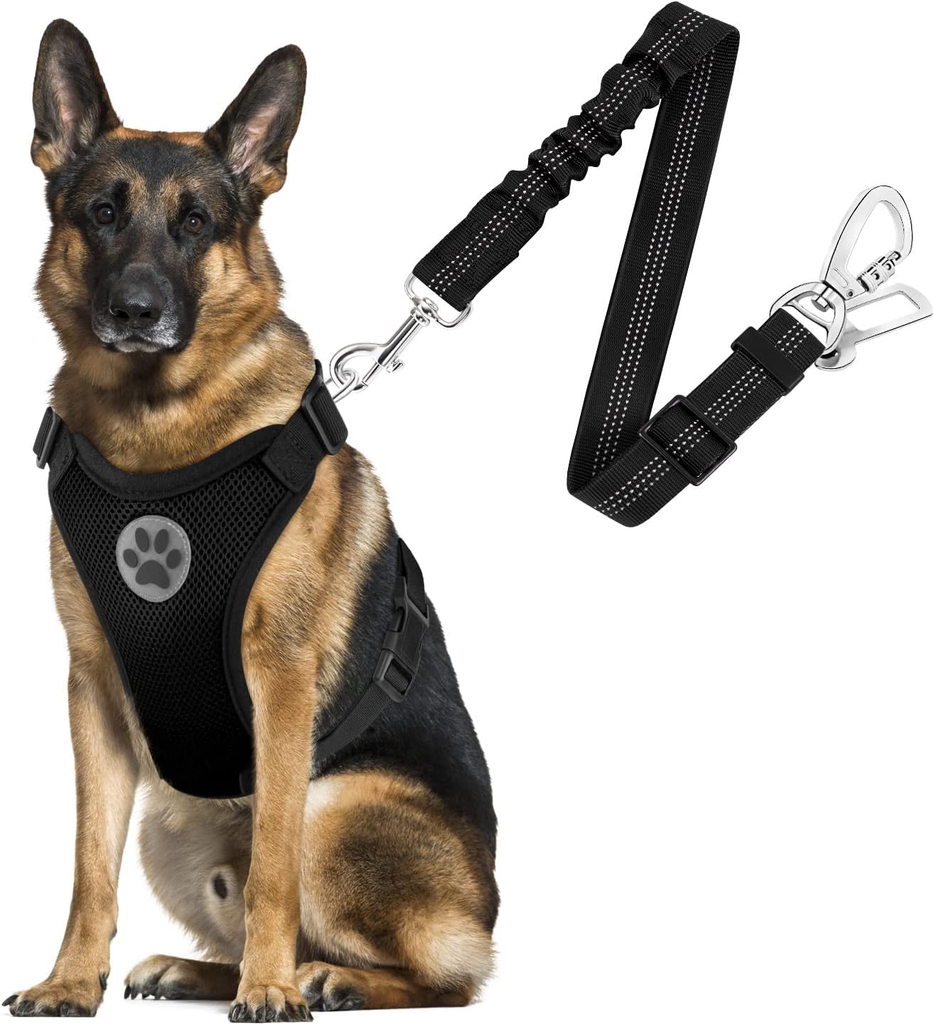 SlowTon Dog Seat Belt Harness for Car, Dog Car Harness Adjustable Mesh Breathable & Dog Seatbelt Safety Tether with Elastic Bungee for Small Medium Large Pets(Black, Double Clip, L) - Pet Explorer