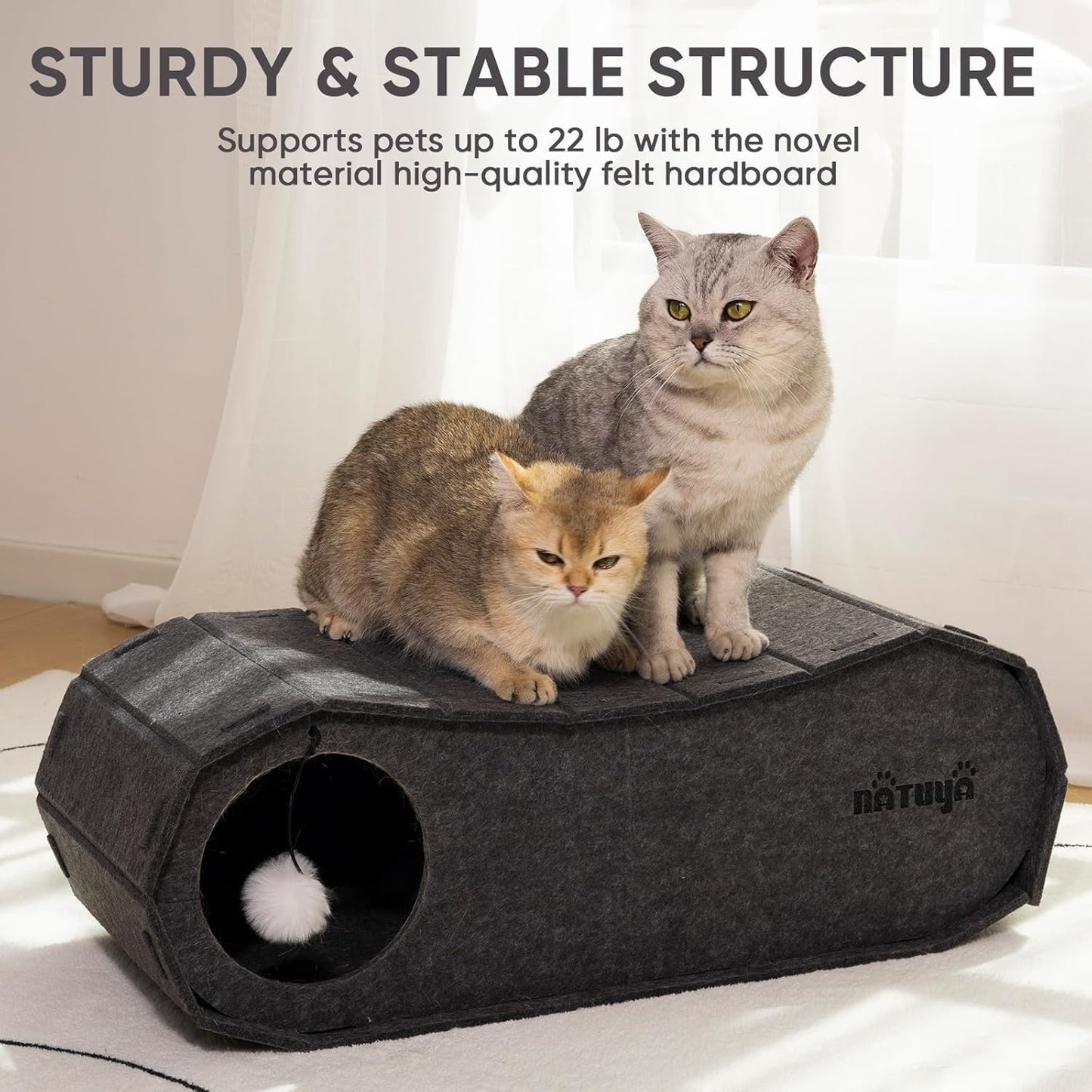 NATUYA Cat Bed Cave for Indoor Cats, Large Cat Lounge Cave Bed with Toy Ball, Enclosed Scratch Resistant Detachable Felt Cat Hideaway Bed for Cats up to 22 Lbs - Pet Explorer