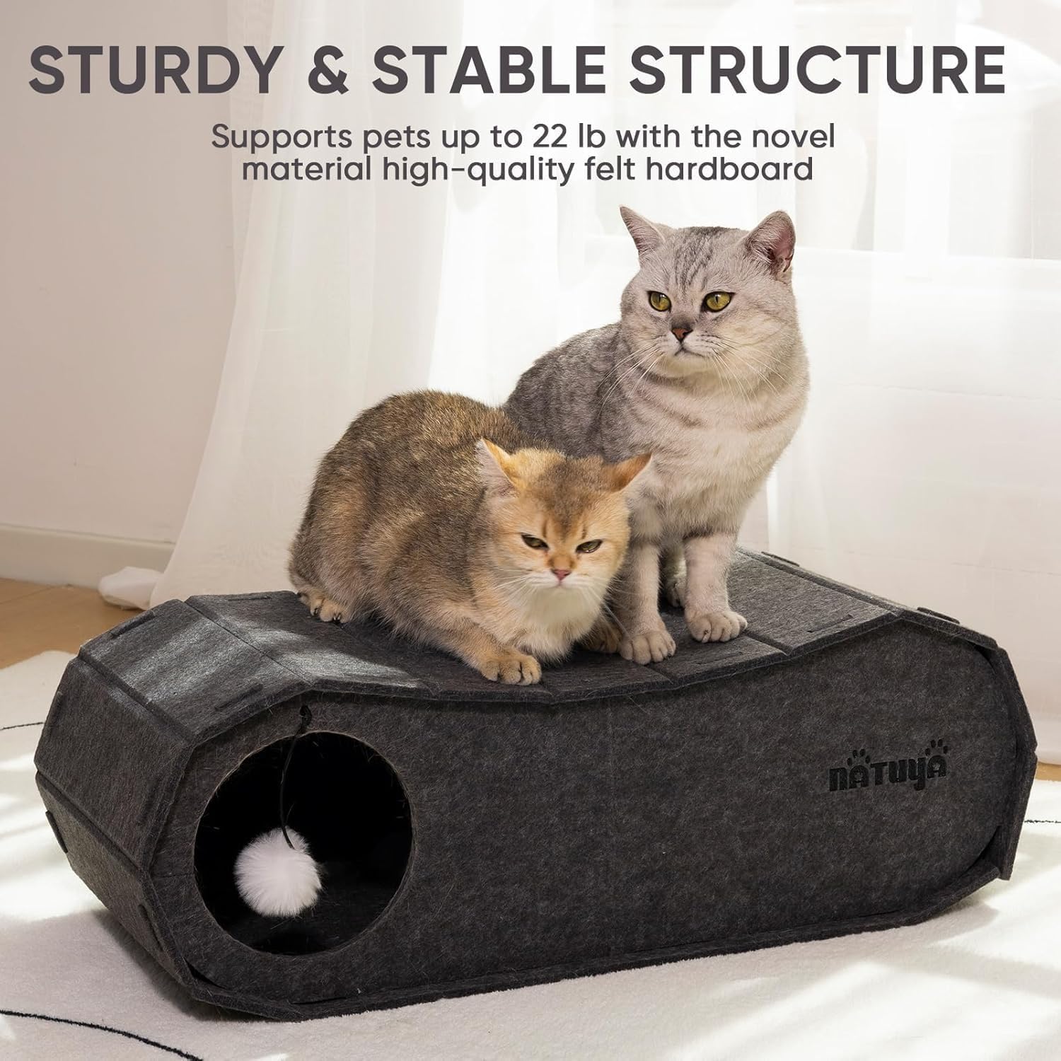 NATUYA Cat Bed Cave for Indoor Cats, Large Cat Lounge Cave Bed with Toy Ball, Enclosed Scratch Resistant Detachable Felt Cat Hideaway Bed for Cats up to 22 Lbs - Pet Explorer