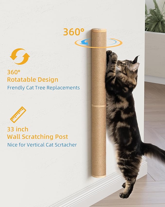 34" Cat Scratching Post on Wall for Large Cats, Wall Mounted Wood Cat Scratcher Furniture for Indoor Cats, Tall and Sturdy Corner Climbing Pole