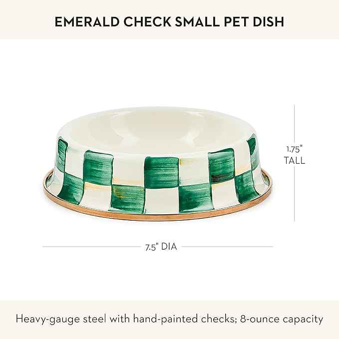 MACKENZIE-CHILDS Enamel Cat Dish, Cute Cat Bowl for Food and Water, Green-and-White Emerald Check