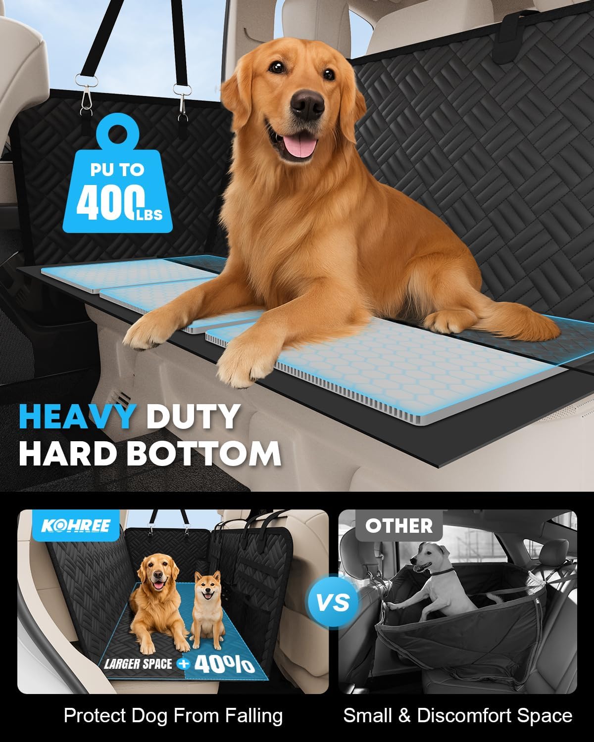 Kohree Dog Car Seat Cover for Back Seat Hard Bottom - Upgraded Reinforced PP Broads, Heavy Duty 900D Oxford Fabric, Nonslip Anti-Scratch Pet Car Seat Cover Dogs Extender Hammock for Car Truck SUV - Pet Explorer