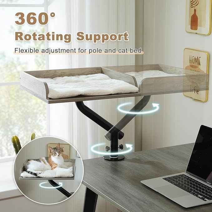PAWZ Road Cat Desk Bed, Wooden Cat Bed for Desk Supports Up to 50 lbs, 360° Rotation & Adjustable, Nest Desktop Attachment Cats Hammock for Table, Gray