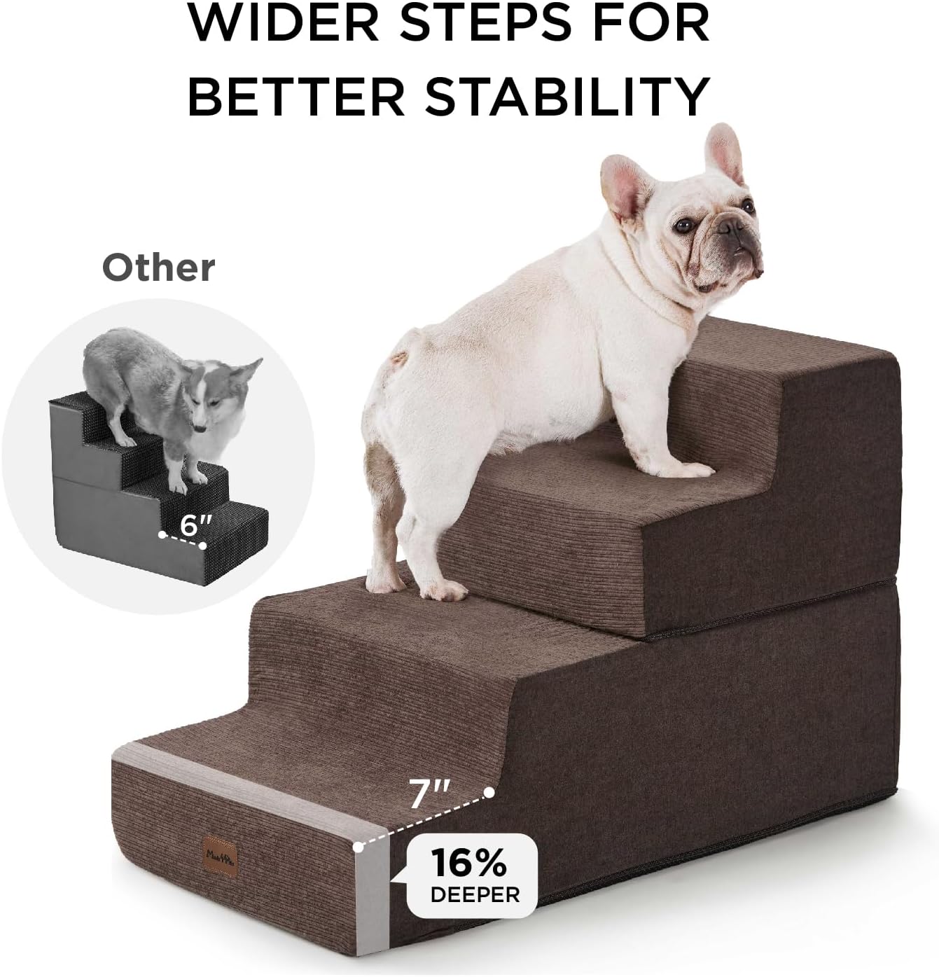 Made4Pets Dog Steps for Bed, Extra Wide Dog Stairs for High Bed Couch Sofa, 35D Foam Pet Steps for Small Dogs and Cats, Non-Slip Bottom Pet Stairs, Brown, 4 Steps - Pet Explorer