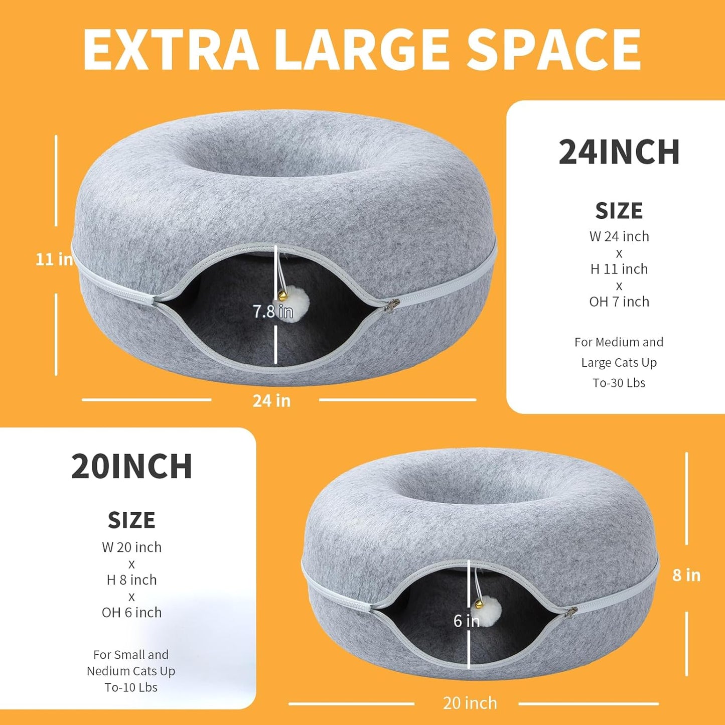 Jia Xi Cat Tunnel and Bed Combo - Donut Cat Condo & Cave, Universal for All Seasons (24 in * 24 in * 11 in), Light Grey - Pet Explorer
