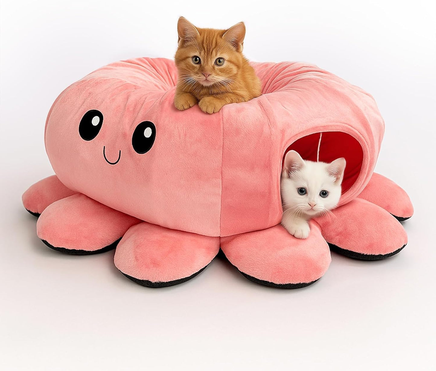 Cat Tunnel Bed for Indoor Cats, Peekaboo Cat Cave Bed,Soft Cat Donut Tunnel for Kitten Large Cats, Cute Pink Octopus Shaped - Pet Explorer