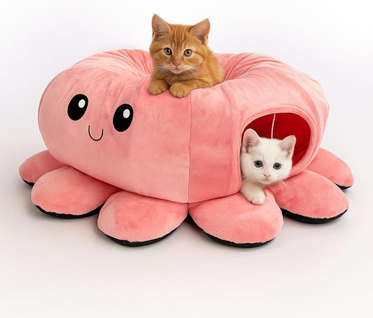 Cat Tunnel Bed for Indoor Cats, Peekaboo Cat Cave Bed,Soft Cat Donut Tunnel for Kitten Large Cats, Cute Pink Octopus Shaped - Pet Explorer