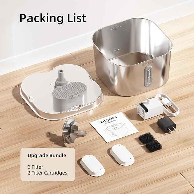 Cat Water Fountain Stainless Steel：74oz/2.2L Water Fountains for Cats Indoor, Cat Fountains for Drinking, Ultra-Quiet, Water Level Window, Pet Water Fountain - 2 Filters + 2 Sponges