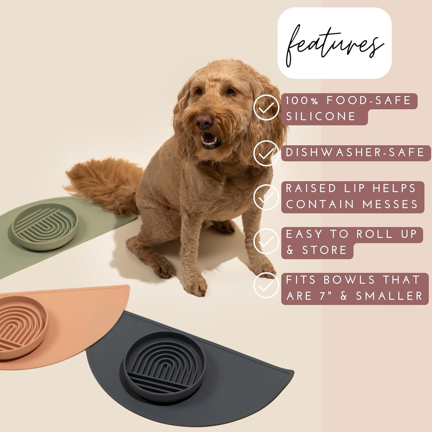 Waterproof Silicone Pet Food Mat - Non-Slip, Spill-Proof Feeding Mats for Floors, Raised Edge Design, Easy-to-Clean Mat for Dog & Cat Bowls, 21" Across x 10.5" Deep, Medium-Sage Green - Pet Explorer
