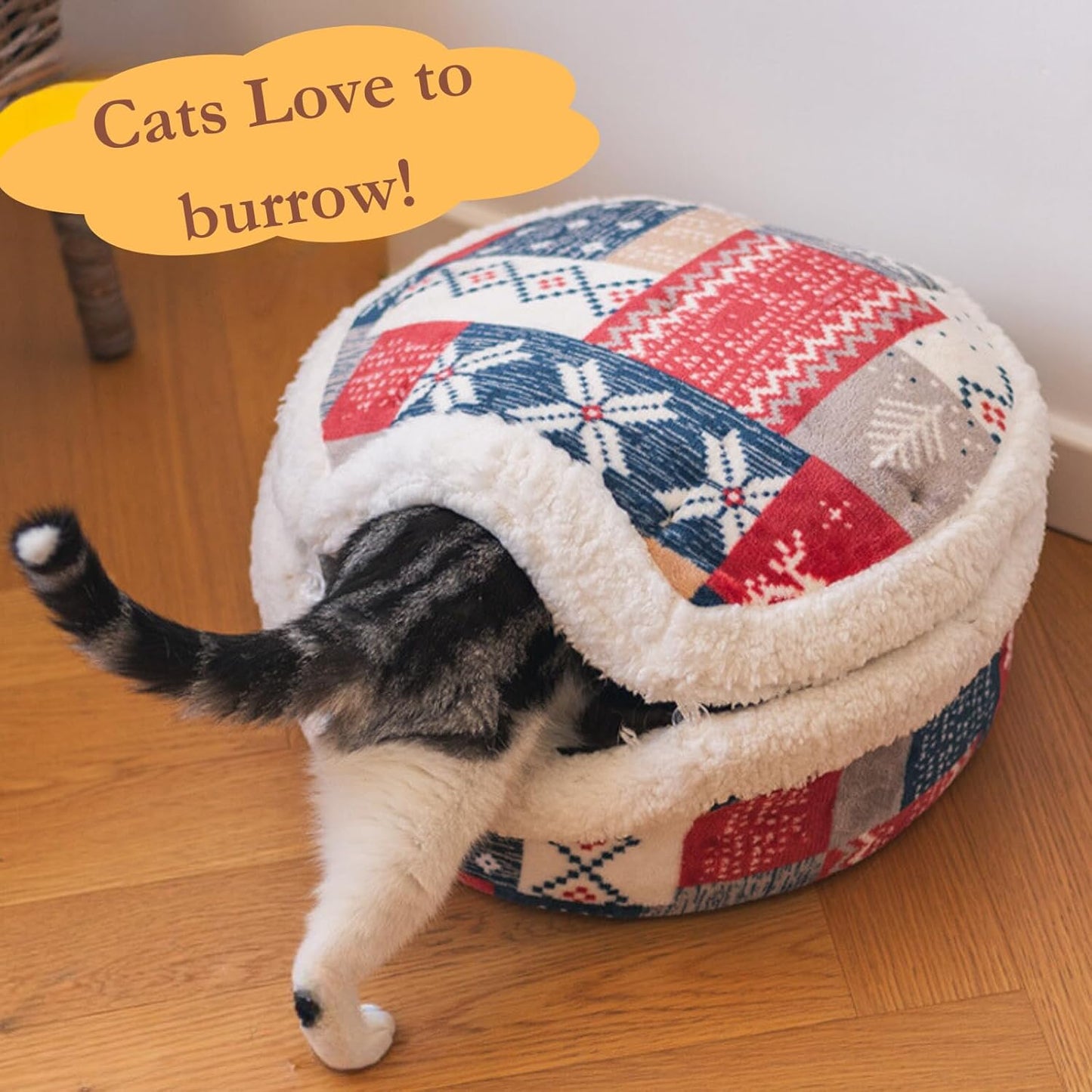 Cat Cave Bed – Plush, Warm & Calming Hideaway with Detachable Lid & Mat, Covered House for Indoor Kitten & Kitty (Redwhite) - Pet Explorer