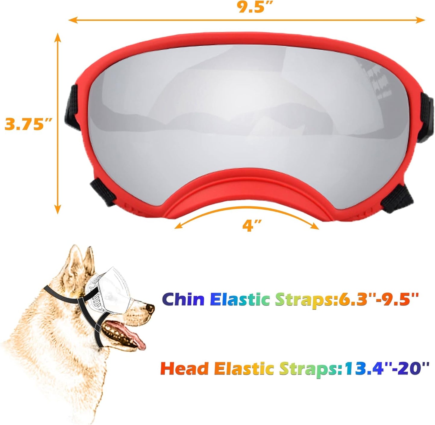 Large Dog Sunglasses with Adjustable Strap UV Protection, Winproof Puppy Sunglasses, Suitable for Medium-Large Pet Glasses, Dogs Eyes Soft Goggles, Red Silver - Pet Explorer
