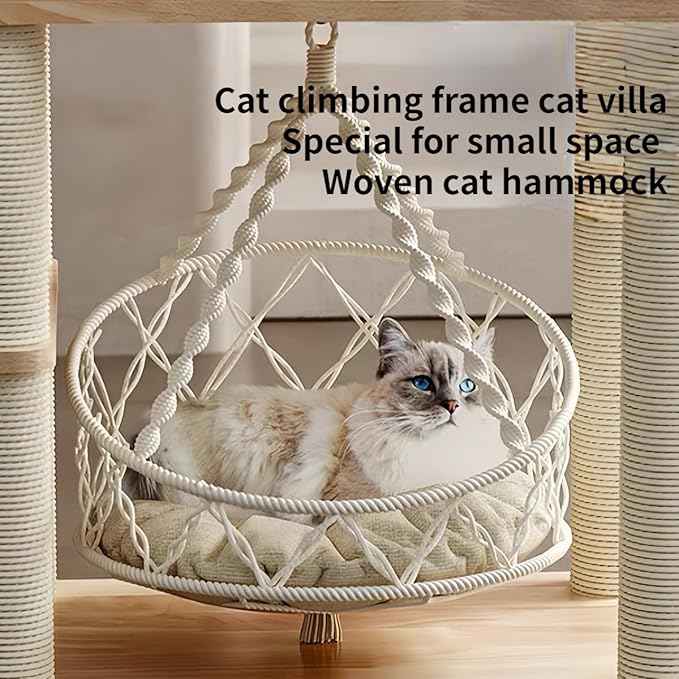 Cat Hammock, Handwoven Hanging Boho Cat Bed for Indoor Outdoor Home Decor for Playing Sleeping Climbing and Lounging with Cushion, Suitable for Cats or Small Dogs Up to 8.8 Lbs