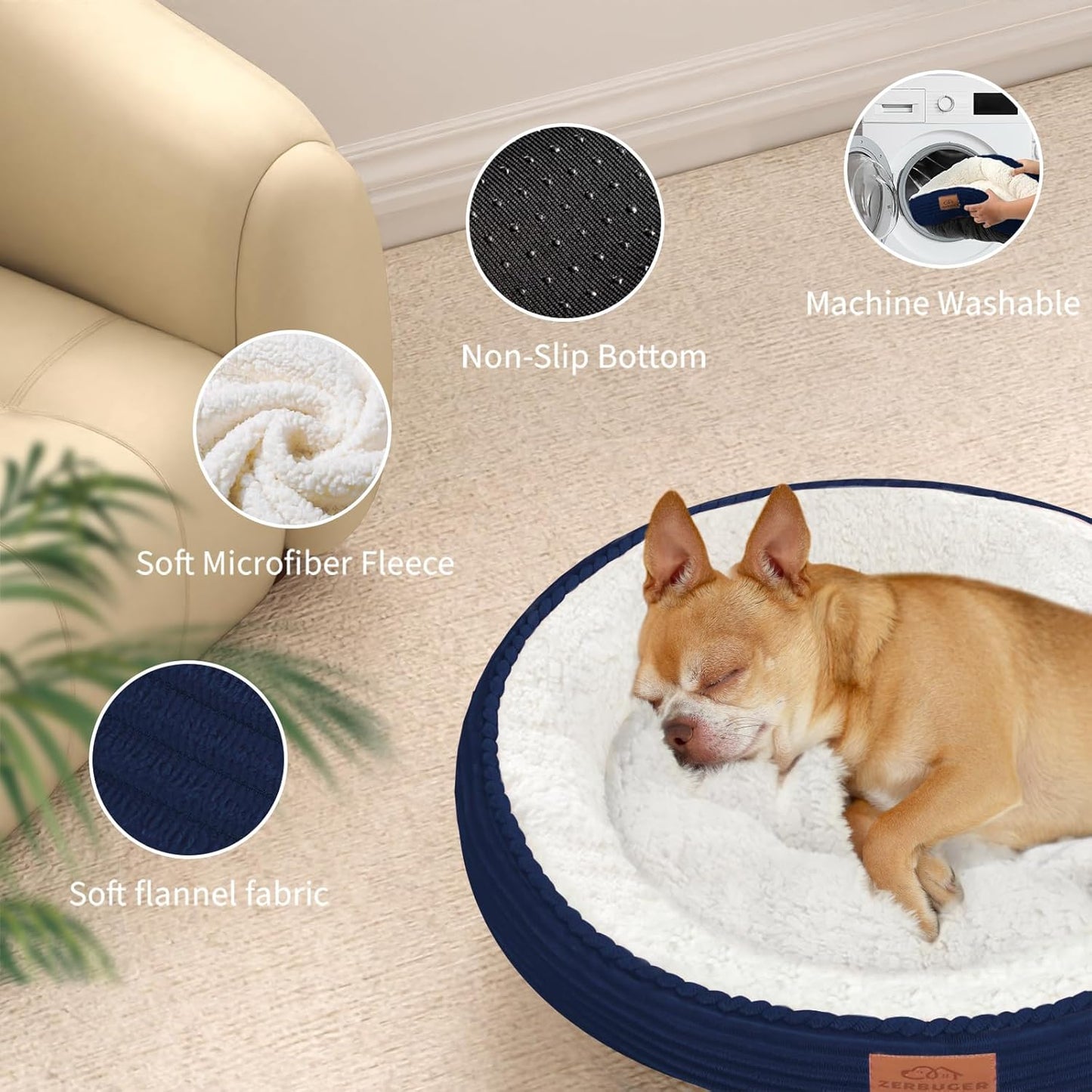 30in Dog Bed Sofa for Small/Medium/Large Dogs, Machine Washable Supportive Foam Pet Couch with Washable Removable Mat and Non-Slip Bottom, Pet Cuddler for Indoor/Outdoor/Car/Cage, Navy Blue - Pet Explorer
