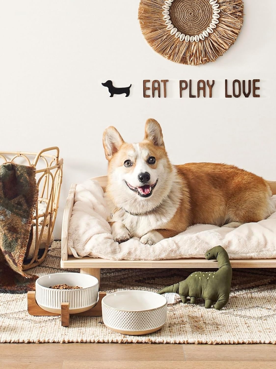 Ceramic Dog Bowls for Medium Small Dogs - 4 Cup Medium Dog Food and Water Bowls with Wood Stand, Cute Pet Dishes Set of 2, Lines+Dot - Pet Explorer