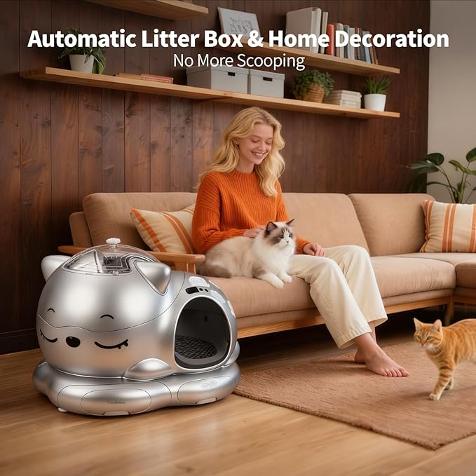 Automatic Cat Litter Box, Semi-Open Large Capacity with Triple Odor Removal System, App Control and Health Monitor, Safety Sensor, Cute Self Cleaning Litter Box for Multiple Cats (Silvery)