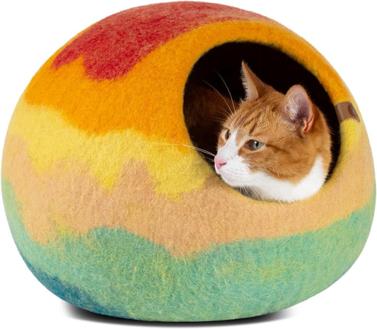 MEOWFIA Cat Cave – Premium Felt Cat Bed for Indoor Cats, Handmade 100% Merino Wool (Medium, Tucson Sunset) - Pet Explorer