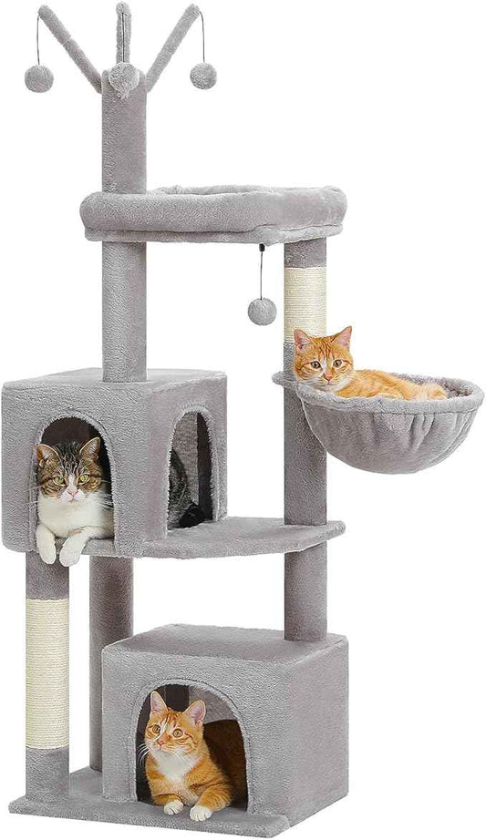 53-Inch Tall Cat Tree with 2 Condos for Indoor Cats,Cat Tower with Scratching Posts for Small Cats,Grey Cat Tree Tower with Hammock and Cat Toys