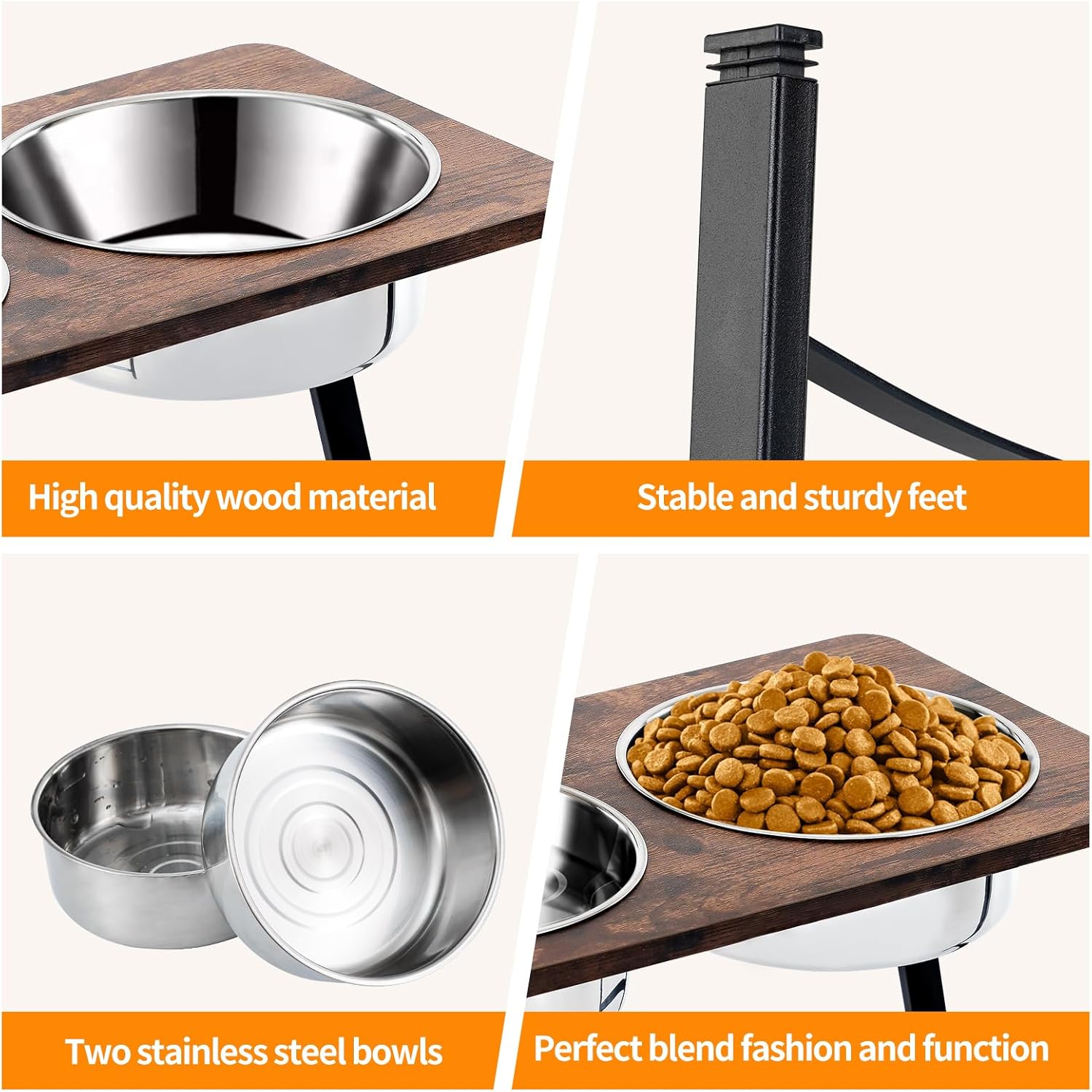 Elevated Dog Bowls for Medium and Large Dogs Wood Raised Bowl Stand with Two 1700ML (58oz) Stainless Steel Dog Food and Water Bowls,Non-Slip - Pet Explorer