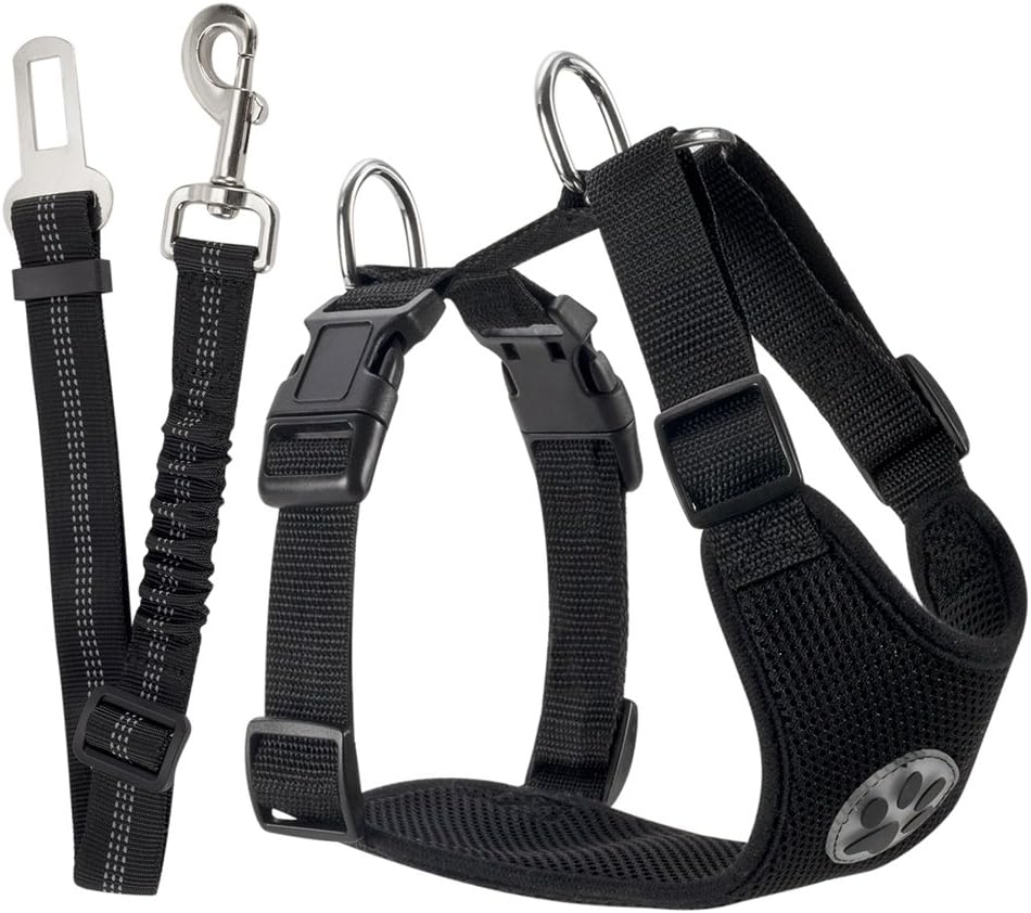 SlowTon Dog Seat Belt Harness for Car, Dog Car Harness Adjustable Mesh Breathable & Dog Seatbelt Safety Tether with Elastic Bungee for Small Medium Large Pets(Black, Single Clip, XS) - Pet Explorer