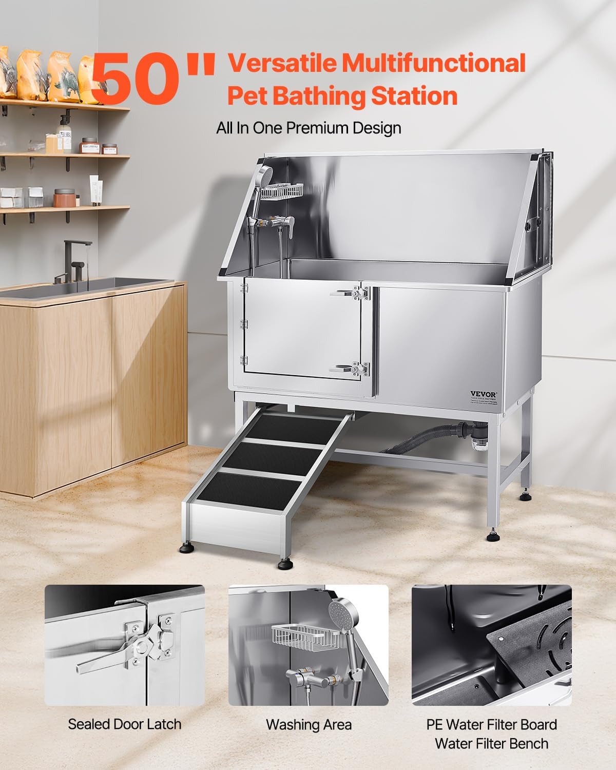VEVOR Stainless Steel Dog Washing Station, 50 inch Pet Grooming Tub w/Ramp, PE Water Filter Board, Faucet & Showerhead & Soap Holder Dog Bathtub for Large & Medium & Small Pets (Left Door) - Pet Explorer