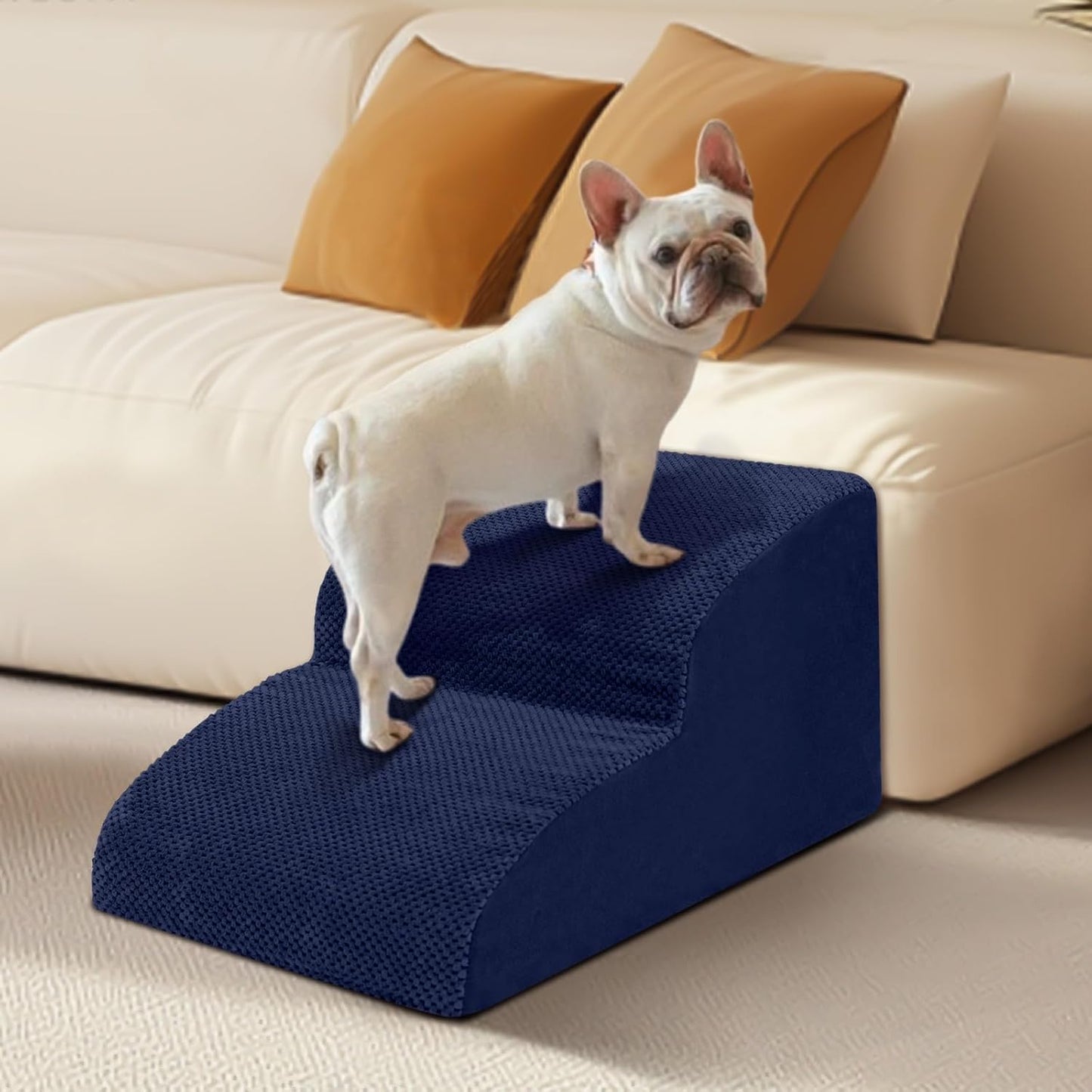 Dog Stairs for Small Dogs - High Density Foam Pet Steps, Extra Wide Dog Ramp with Non-Slip Bottom for High Beds, Couch and Sofa, Best for Dogs Injured, Older Doggy Cats,2 Steps, Navy - Pet Explorer