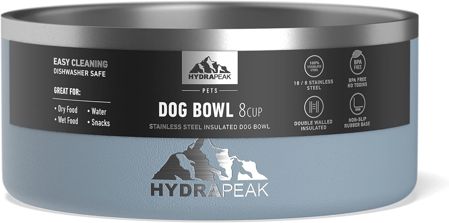 Hydrapeak Dog Bowl; Non Slip Stainless Steel; Water and Food Dish; Large Sized and Small Dogs; 32oz 64oz; Multiple Sizes | 8 Cup | Storm - Pet Explorer