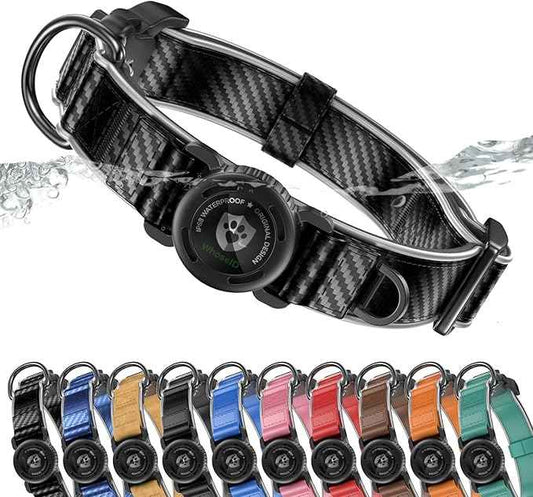 WhoseID Premium Leather Dog Collar - Waterproof AirTag Dog Collar | Magnetic Buckle Heavy Duty Collar | Medium Reflective Dog Collar with AirTag Holder