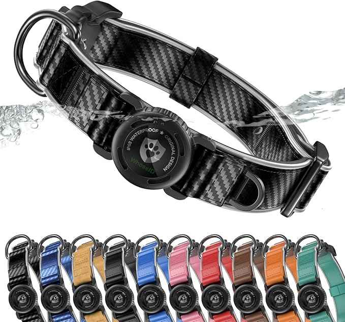 WhoseID Premium Leather Dog Collar for Large Dogs - IPX8 Waterproof AirTag Dog Collar | Magnetic Buckle Heavy Duty Collar | 450LB Escape-Proof | Reflective Dog Collar with AirTag Holder