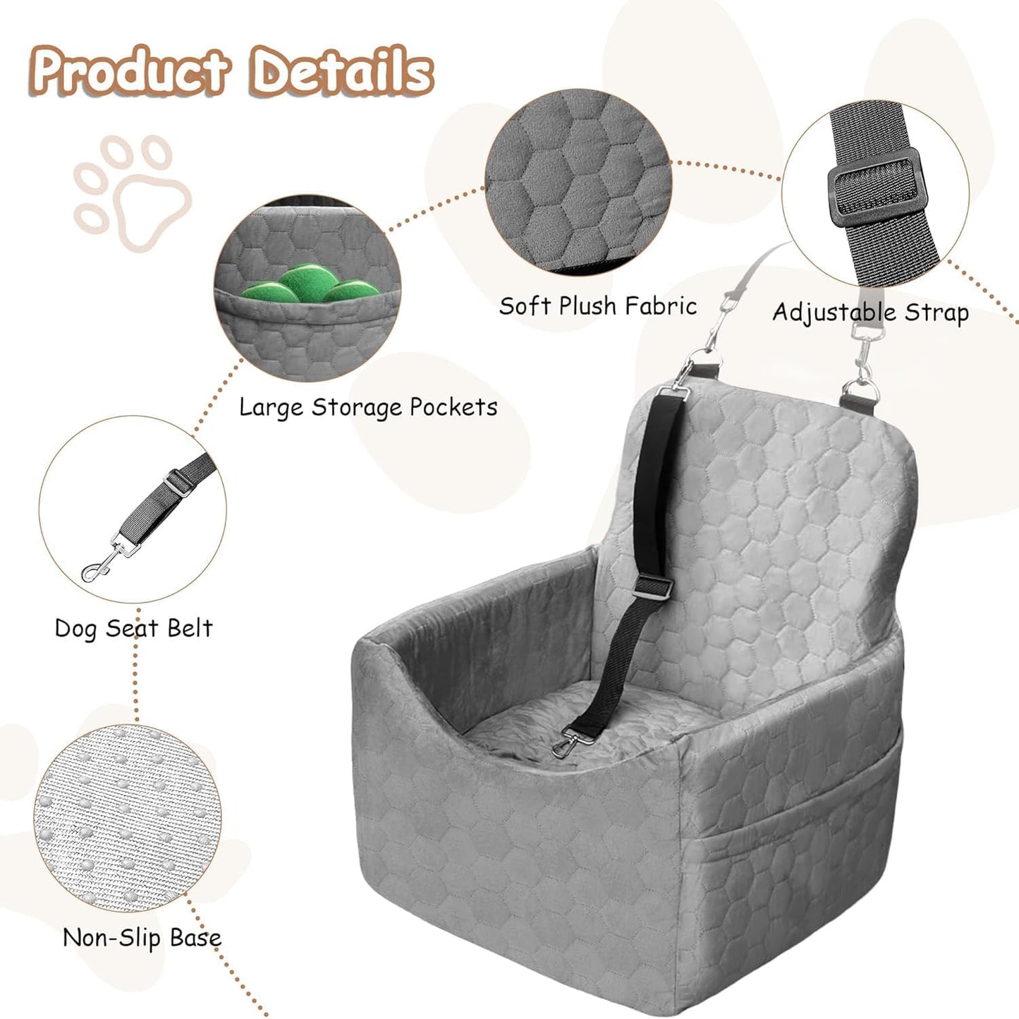 Dog Car Seat for Small/Medium Dogs - Dog Booster Seat with Safety Straps & Non-Slip Base, Travel Pet Car Seat with Storage Pockets, Washable & Removable, Suitable for Dogs Under 35 lbs (Gray) - Pet Explorer