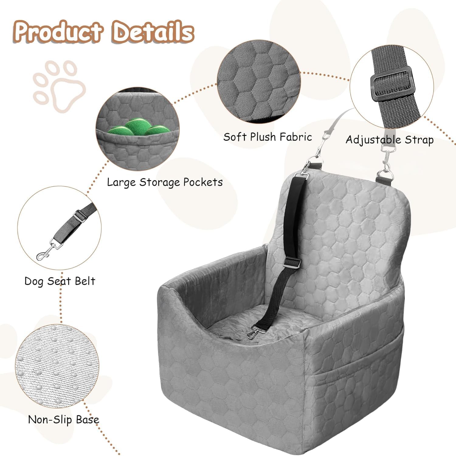 Dog Car Seat for Small/Medium Dogs - Dog Booster Seat with Safety Straps & Non-Slip Base, Travel Pet Car Seat with Storage Pockets, Washable & Removable, Suitable for Dogs Under 35 lbs (Gray) - Pet Explorer
