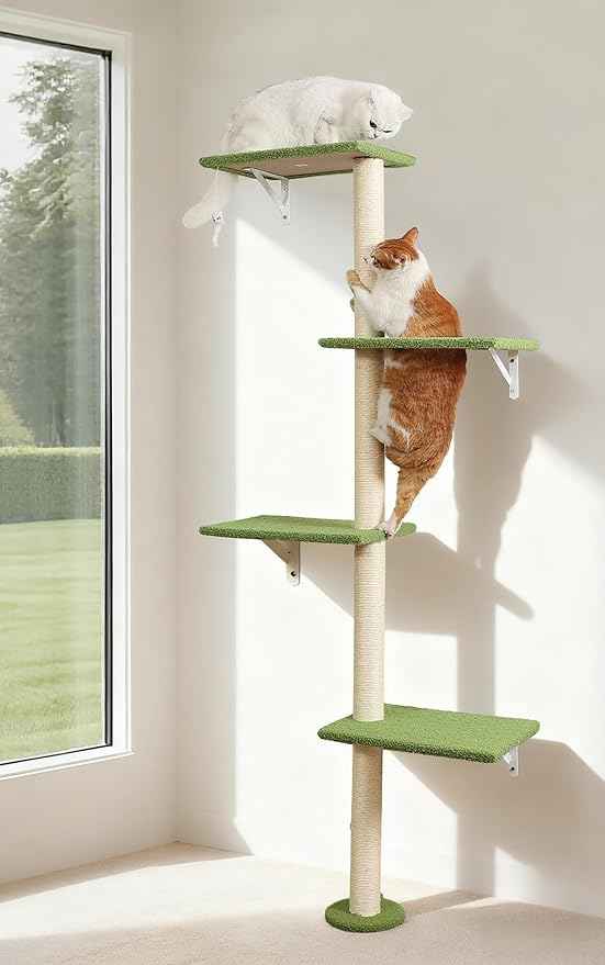Cat Tree Wall Mounted,Tall Scratching Post for Indoor Cats Climbing Tower Activity Wood Cat Wall Furniture(Green)