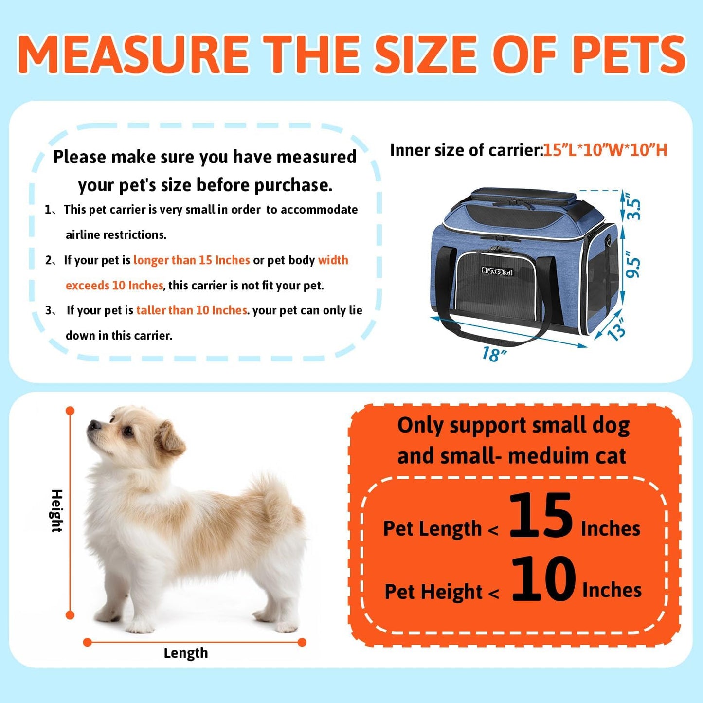 Petskd Top-Expandable Pet Carrier 18x13x9.5 Inches Southwest Airline Approved, Soft-Sided Carrier for Small Cats and Dogs with Locking Safety Zippers and Anti-Scratch Mesh(Blue)