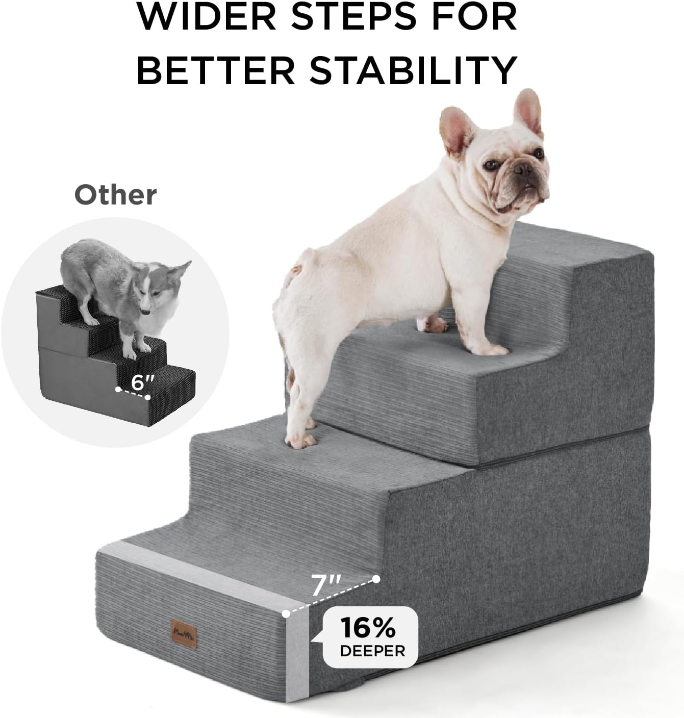 Made4Pets Dog Stairs for Small Dogs, Extra Wide Dog Steps for Bed Couch Sofa and Chair, 35D Foam Pet Steps for Small Dogs and Cats, Non-Slip Bottom Pet Stairs, Grey, 3 Steps - Pet Explorer