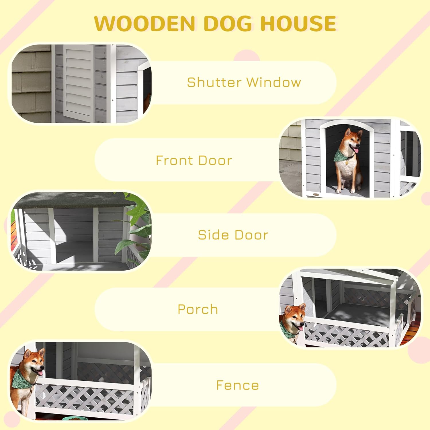 PawHut Wooden Dog House Outdoor with Porch, Cabin Style Raised Dog Shelter with Asphalt Roof, Doors, and Shutter Window, for Medium Large Sized Dog, Light Gray - Pet Explorer