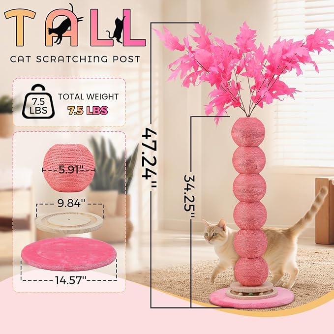 EMUST 47" Tall Cat Scratching Post, 5.9 Inch Diameter Scratching Posts for Indoor Cats Adults with Nature Sisal Rope, Cat Tree Scratcher Post with Interactive Ball Track for Kitten Large Cats