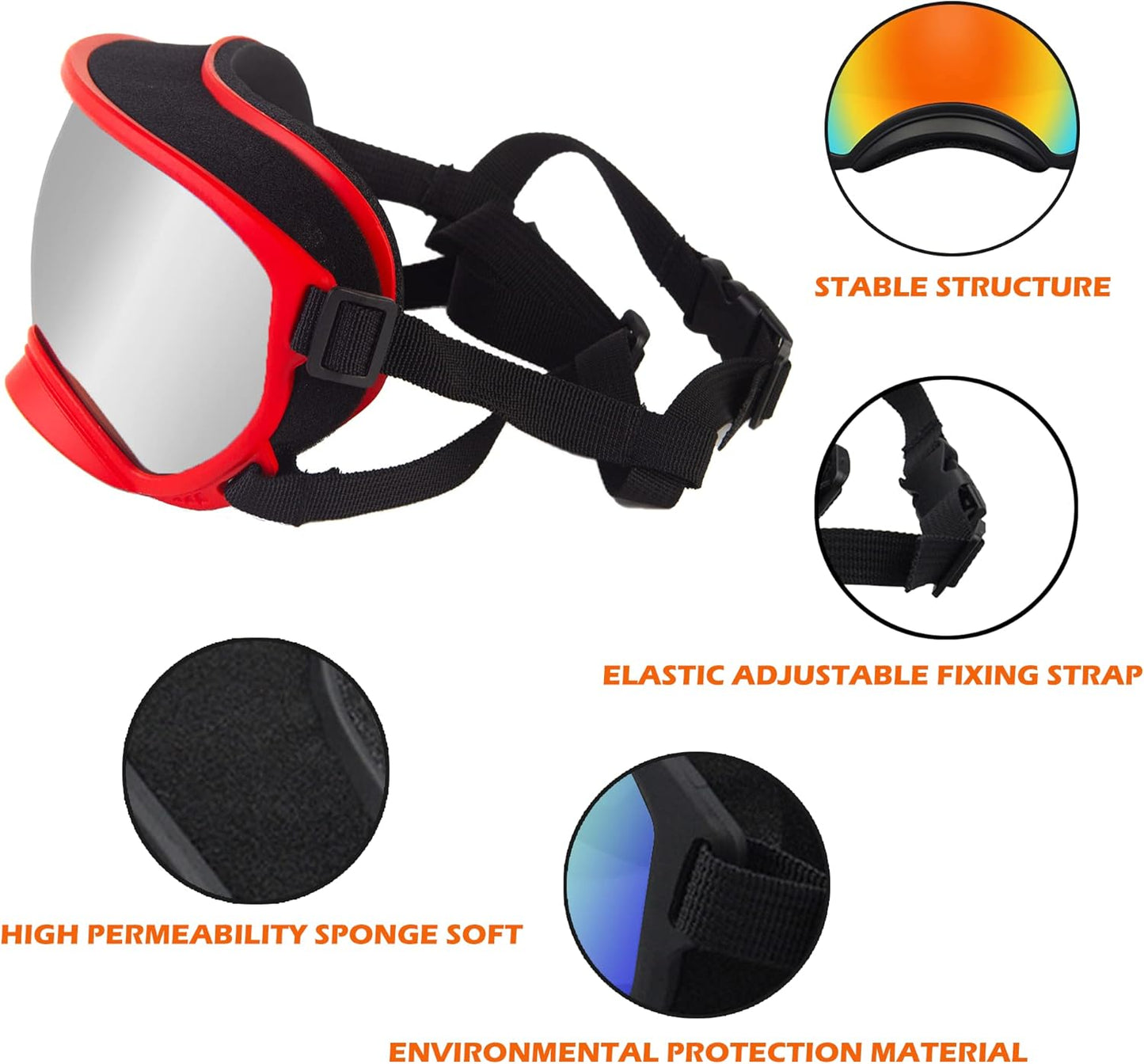 Large Dog Sunglasses with Adjustable Strap UV Protection, Winproof Puppy Sunglasses, Suitable for Medium-Large Pet Glasses, Dogs Eyes Soft Goggles, Red Silver - Pet Explorer
