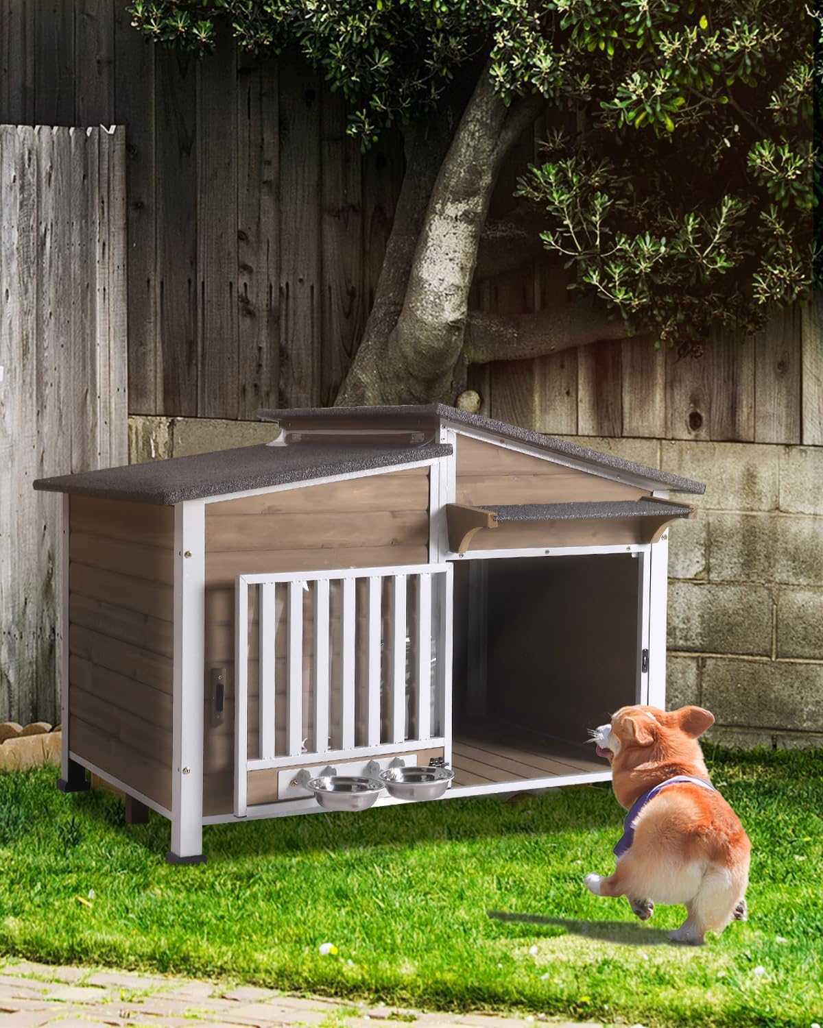 Dog House Outdoor with Bowls Weatherproof Dog Kennel with Anti-Chewing Iron Frame Dog Shelter for Small Medium Dogs(Light Brown) - Pet Explorer