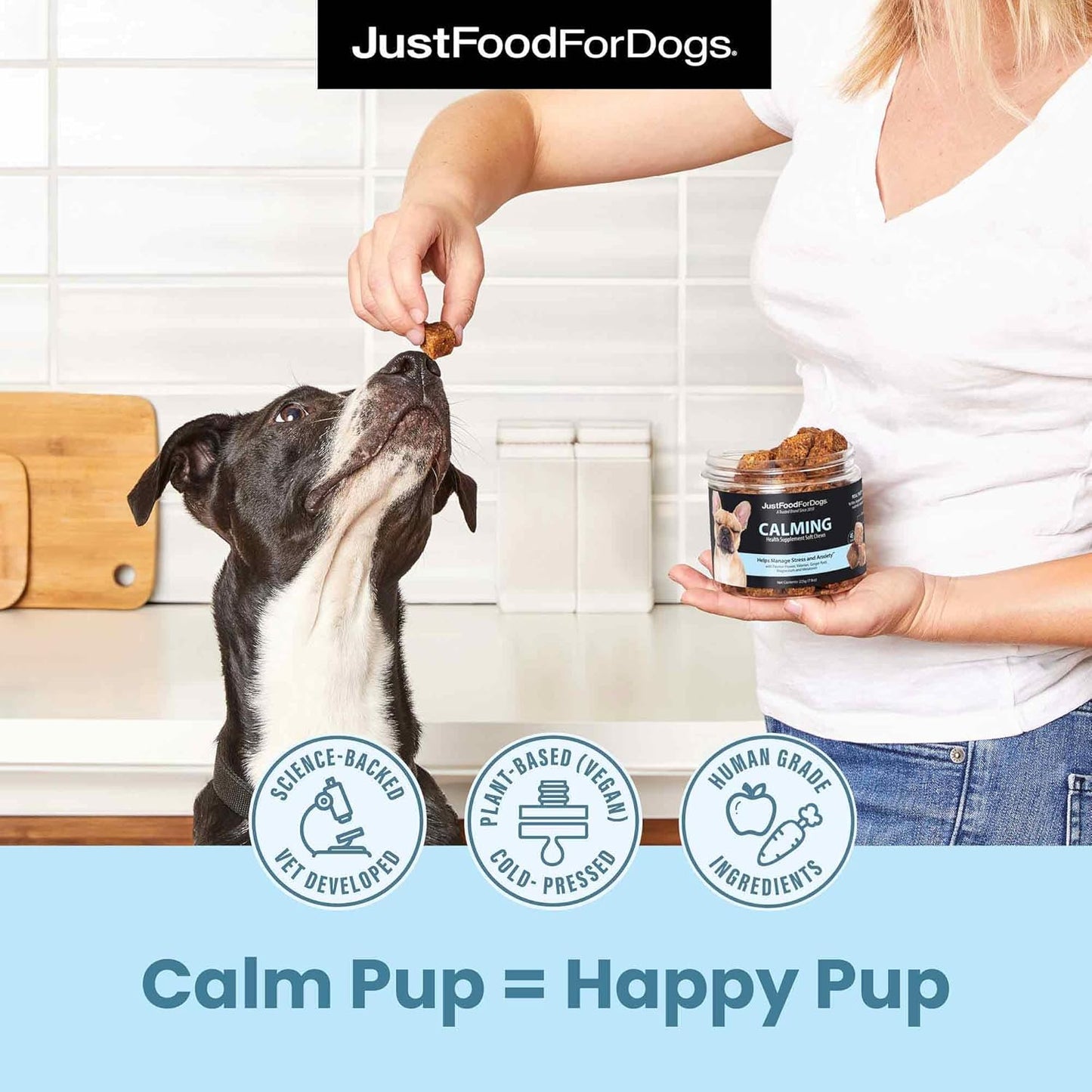 JustFoodForDogs Calming Supplement for Dogs Soft Chew to Support Stress and Anxiety, Melatonin, Relaxation Aid, Human-Grade Ingredients - 45 Count - Pet Explorer