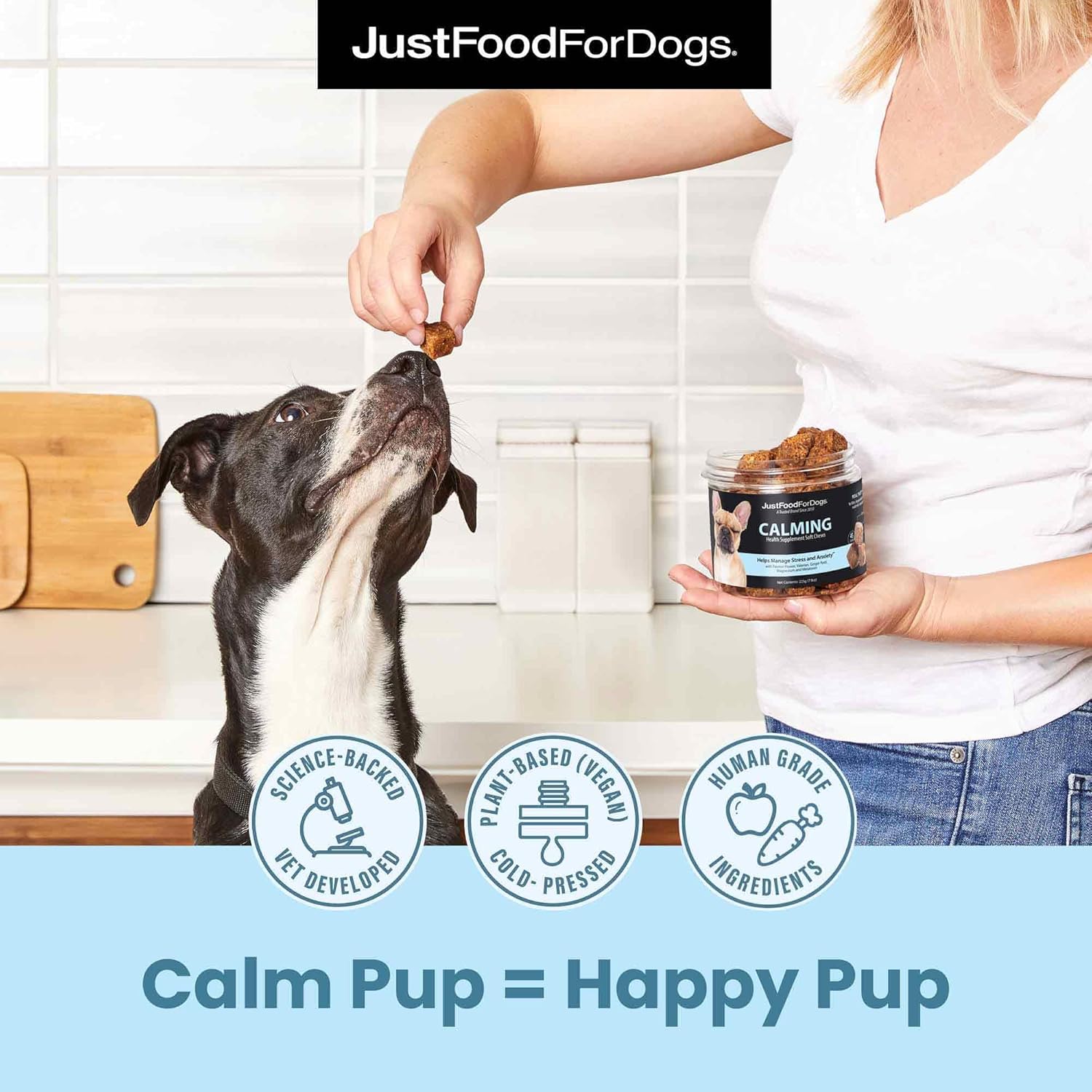 JustFoodForDogs Calming Supplement for Dogs Soft Chew to Support Stress and Anxiety, Melatonin, Relaxation Aid, Human-Grade Ingredients - 45 Count - Pet Explorer