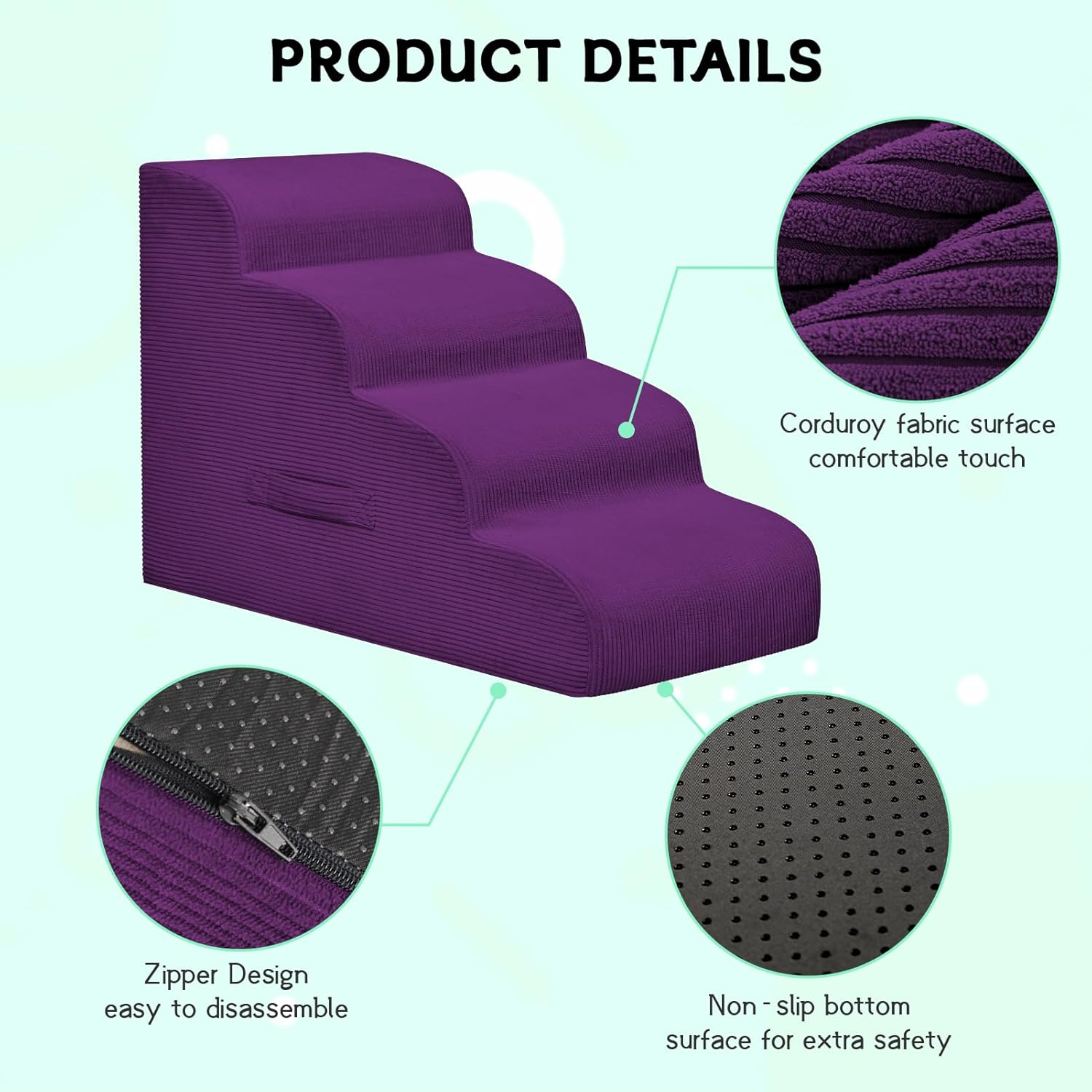Dog Steps for Small Dogs, 4-Step Dog Ramp and Stairs for High Beds and Sofa, Non-Slip Pet Stairs Removable and Easy to Clean Cover, Purple - Pet Explorer