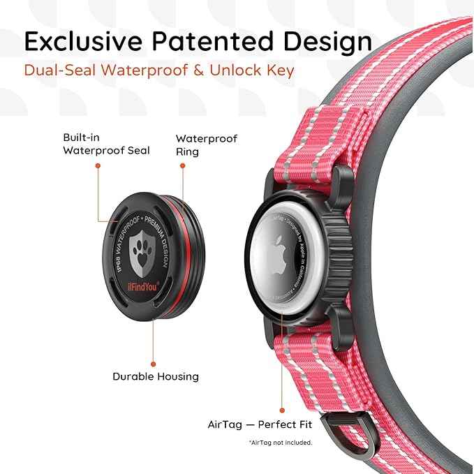 Upgraded AirTag Dog Collar with Holder, Waterproof Reflective Air Tag Dog Collar with Widened Comfortable Padding & Ultra-Durable Metal Buckle, Adjustable for Medium Dogs (M, Rose Red)