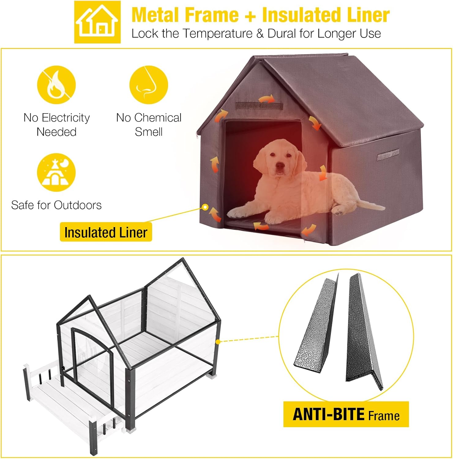 Aivituvin Dog House Outdoor With Metal Frame, Insulated Dog Kennel Outside for Small To Medium Breed, 45" Weatherproof Large Dog Shelter with Anti-Chewing Iron Frame, White (45" D x 32.9" W x 32.6" H) - Pet Explorer